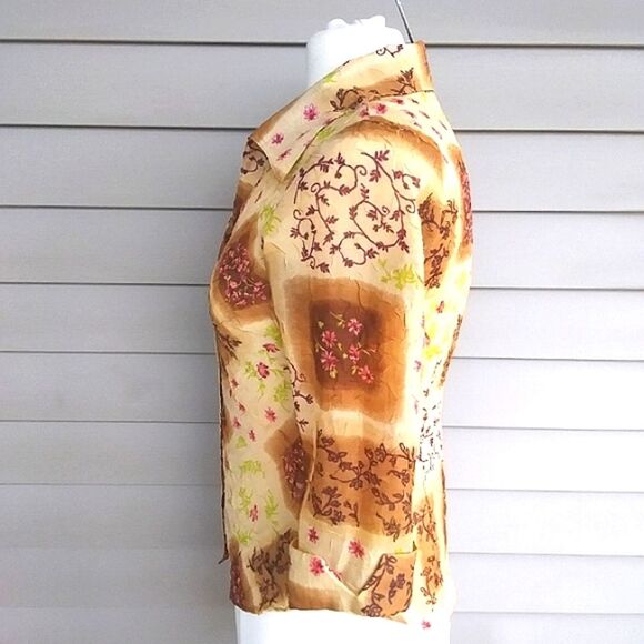 Blouse Chiffon Sheer Button Front 3/4 Length Sleeves Boho Patchwork Look… - Picture 10 of 16